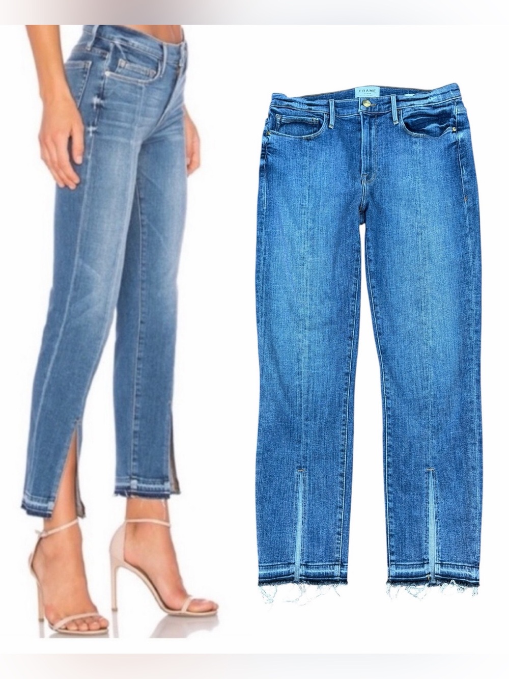FRAME Le Nouveau Straight Jeans  Front Split Raw Hem Ankle Fall Denim Size 30